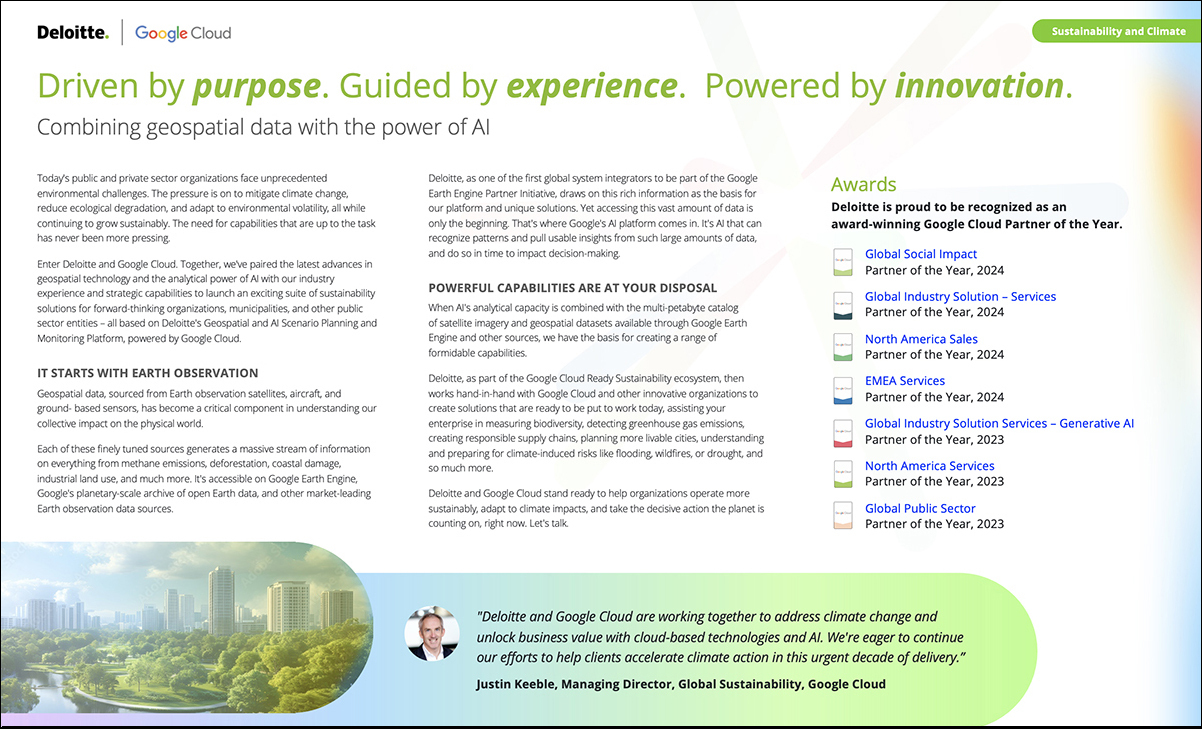 Placemat for Deloitte's geospatial data solutions, front side